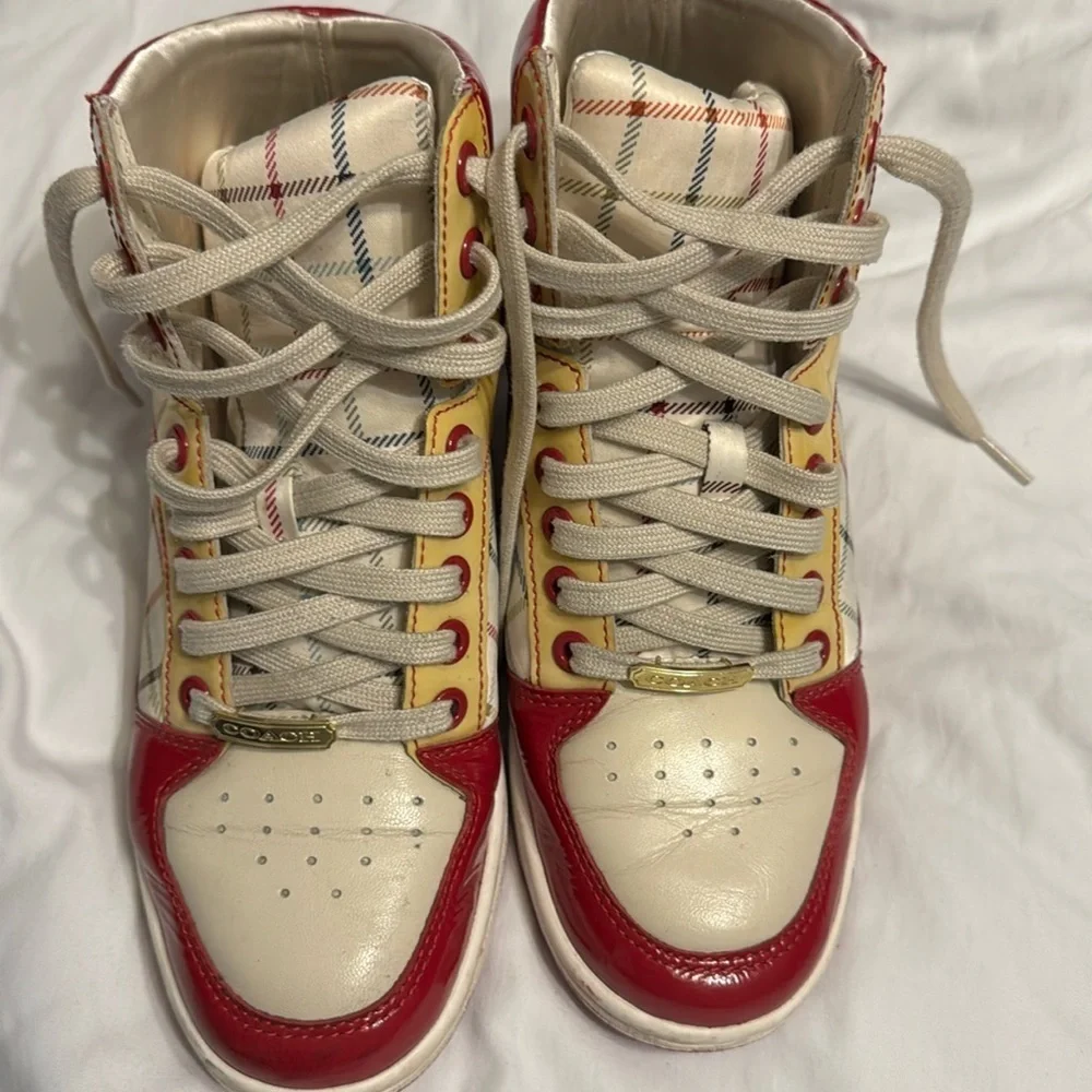 Coach Nora Tattersall 7.5 Pink Raspberry and Yellow Plaid Vegan Leather High Top